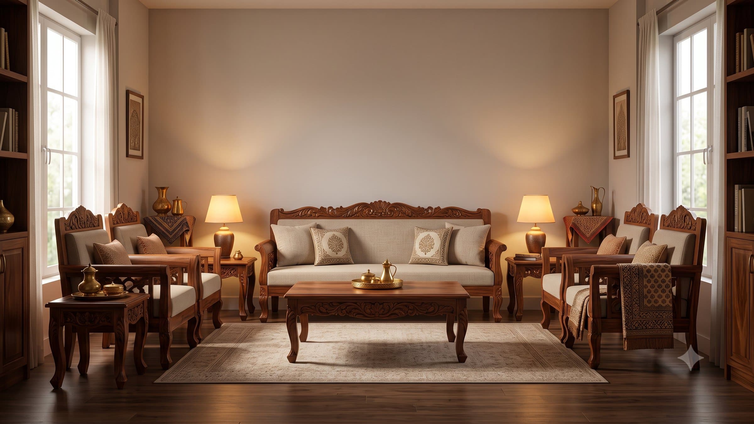 Premium handcrafted Indian furniture in a styled luxury living room