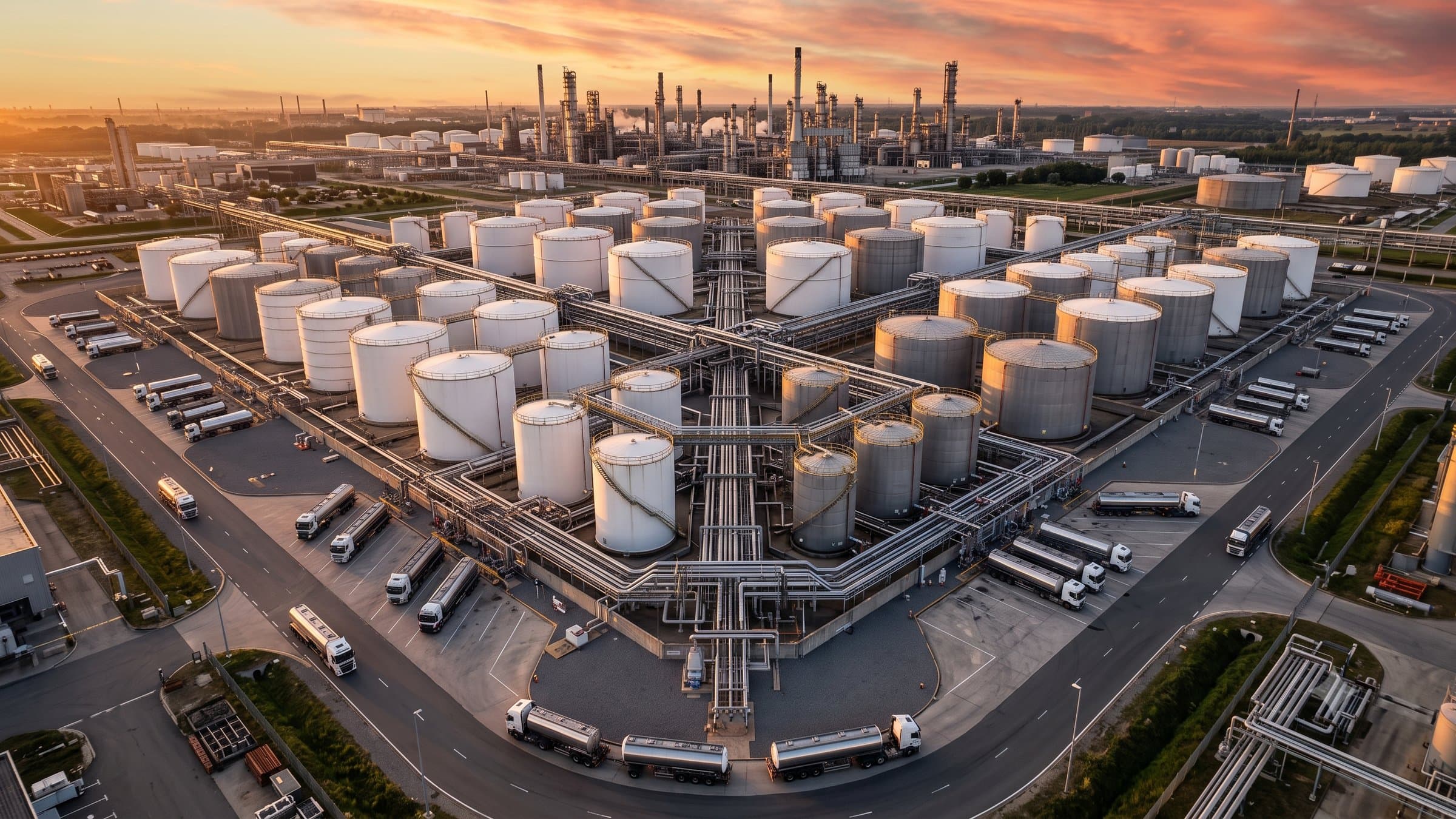 Pratik Petro — bitumen storage and petroleum terminal at dusk