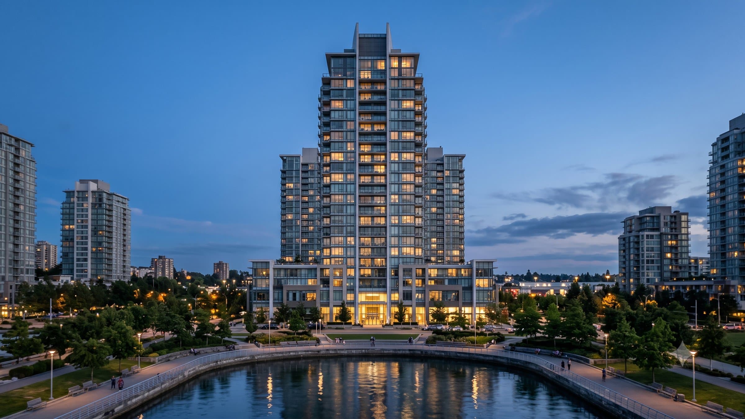 MurliLila Real Estate — premium waterfront residential and commercial towers at dusk
